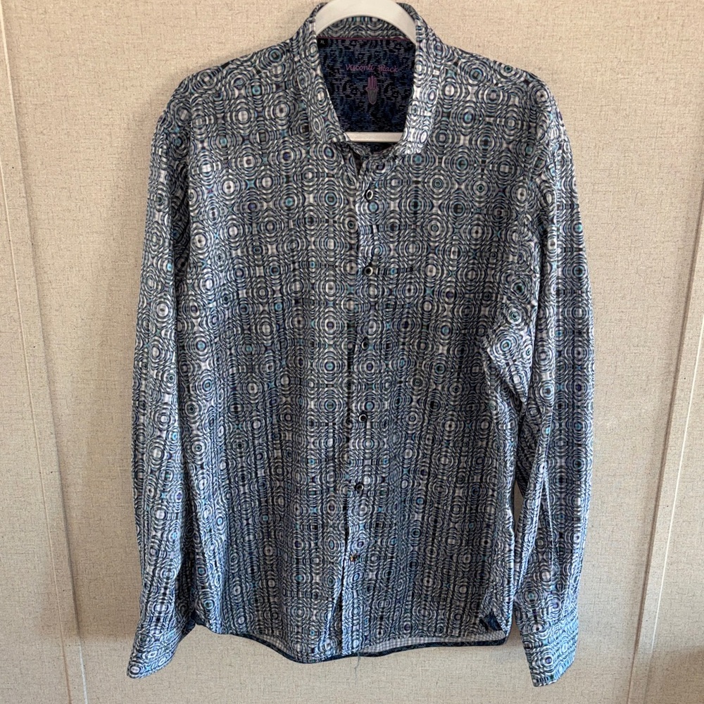 Visconti Black Button Down Shirt Geometric Retro Print Long Sleeve Designer XL